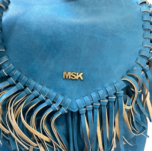 MSK Blue and Beige Fringe Drawstring Backpack - Picture 4 of 7